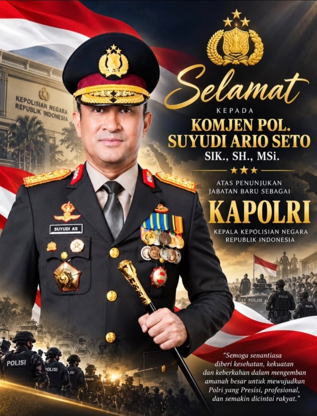 KETUA BALITBANG STIJ NAKULA SADEWA UCAPKAN SELAMAT KEPADA KOMJEN POL SUYUDI ARIO SETO SEBAGAI KAPOLRI BARU, DPR SETUJUI SECARA AKLAMASI